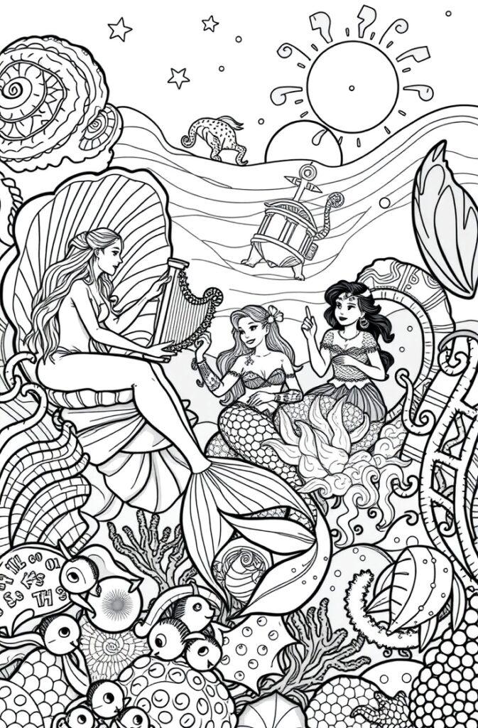 Mermaid queen playing harp underwater with fish and shell backdrop – integrates with Mermaid Coloring Pages theme.