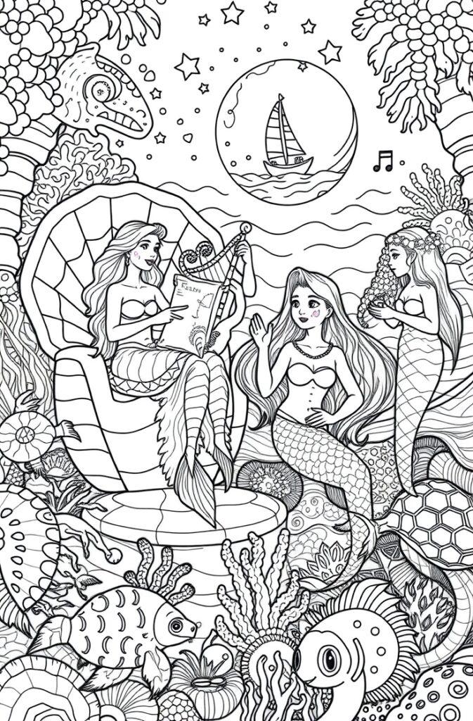 Coloring sheet of three beautiful mermaids surrounded by sea creatures and coral.