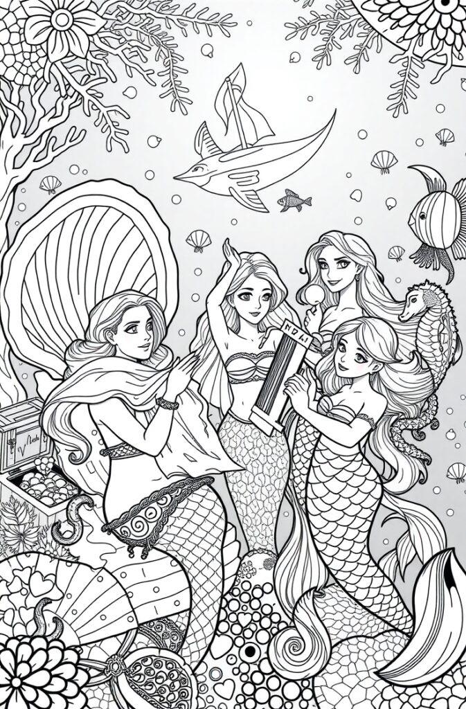 Four mermaids exploring underwater treasure with seashell and marine life background.