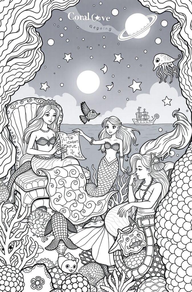 Three mermaids chatting under the moonlight in a coral cove with sea life.