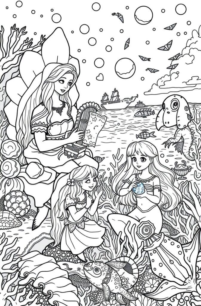 Mermaid reading a scroll to a friend and a mermaid child near a ship.