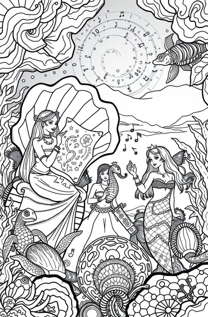 Mermaid consulting a map while another plays music by coral and turtle sidekicks.