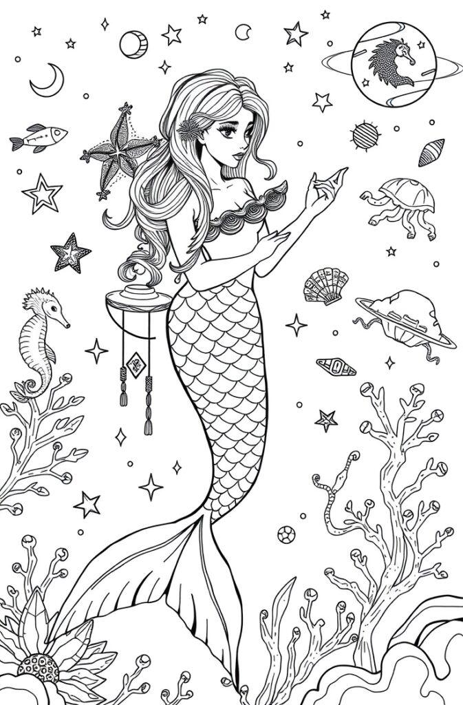 Mermaid holding a lantern amidst nautical stars and sea creatures in dark setting.