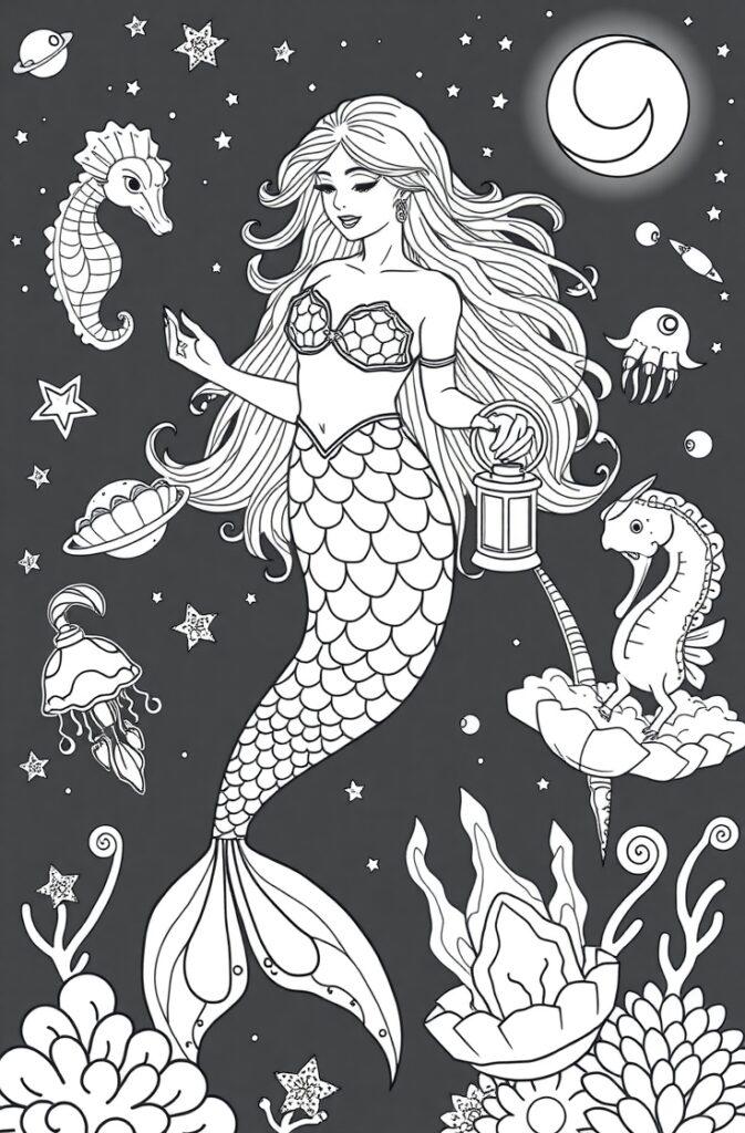 Elegant mermaid holding lantern with seahorse under a starlit night sea.