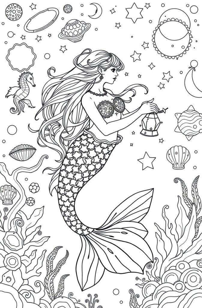 Mermaid carrying lantern among shells, planets, seahorses, perfect for coloring.