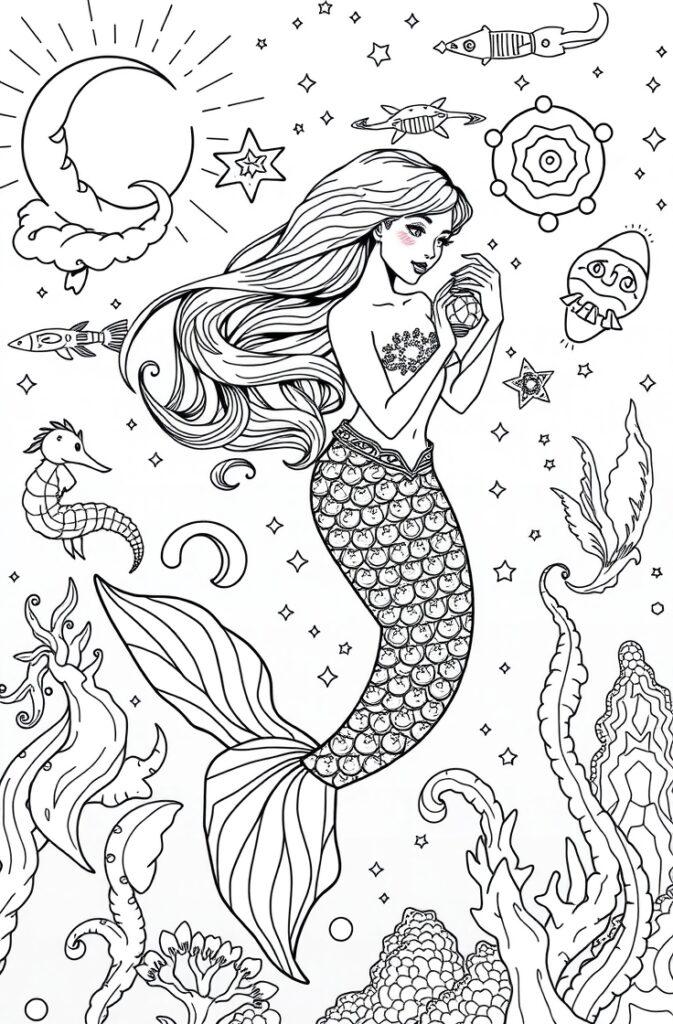 Mermaid holding a glowing orb with starfish, moon and cosmic ocean elements.