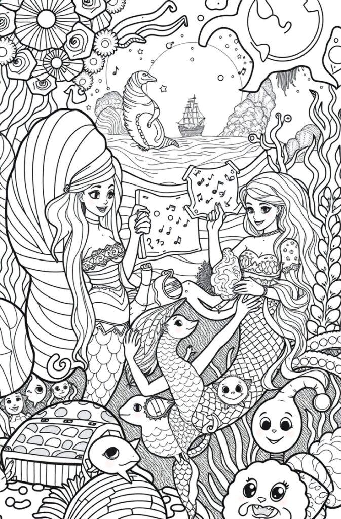 Two mermaids sharing musical notes with sea creatures in ocean scenery— Mermaid Coloring Pages accessory.