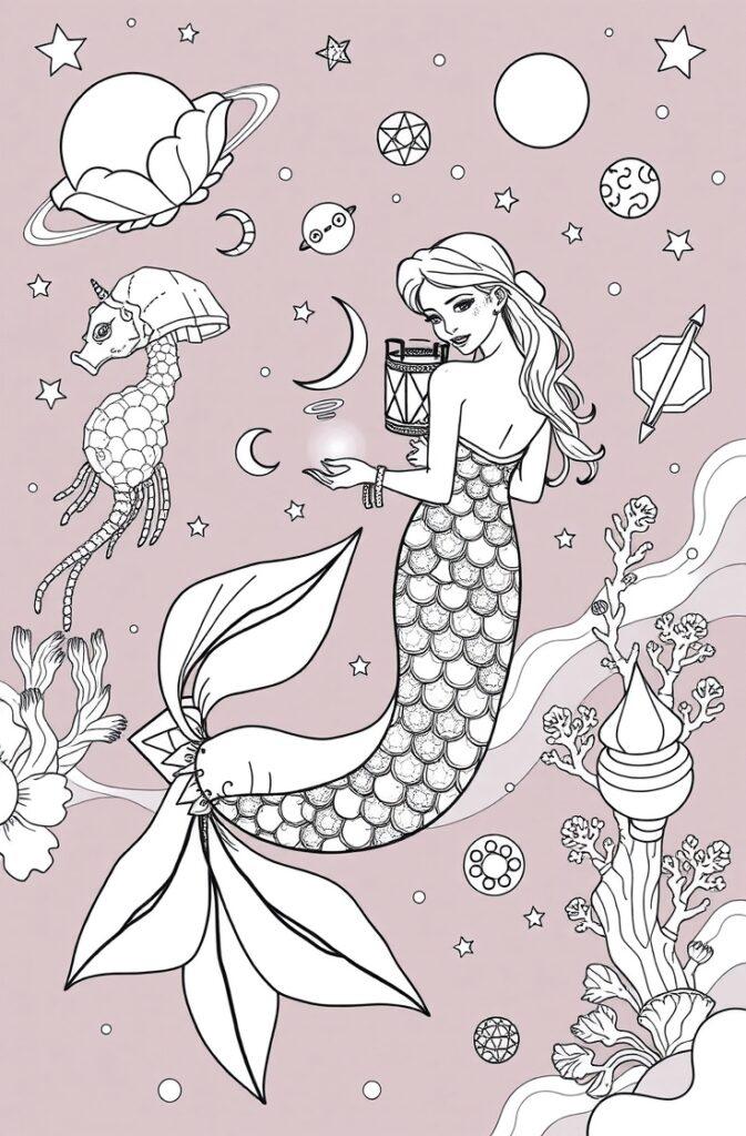 Mermaid holding a glowing orb against a soft pink background with mystical sea elements.