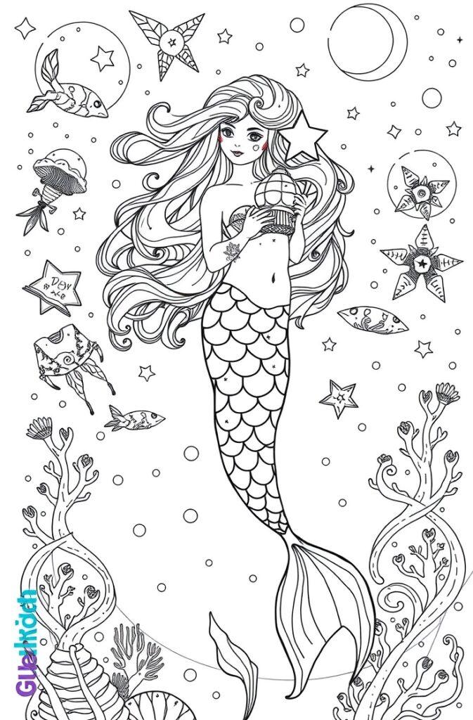 Elegant mermaid holding a treasure chest with seashell and starfish surroundings.
