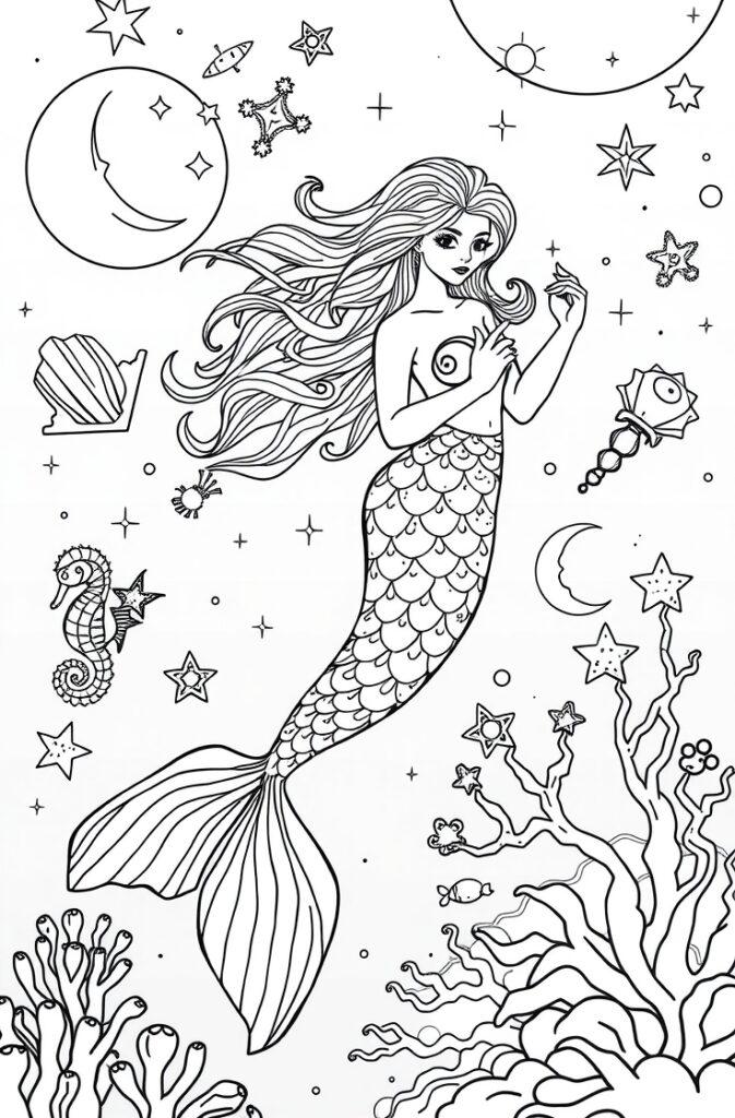 Graceful mermaid with long flowing hair amid coral and sea stars.