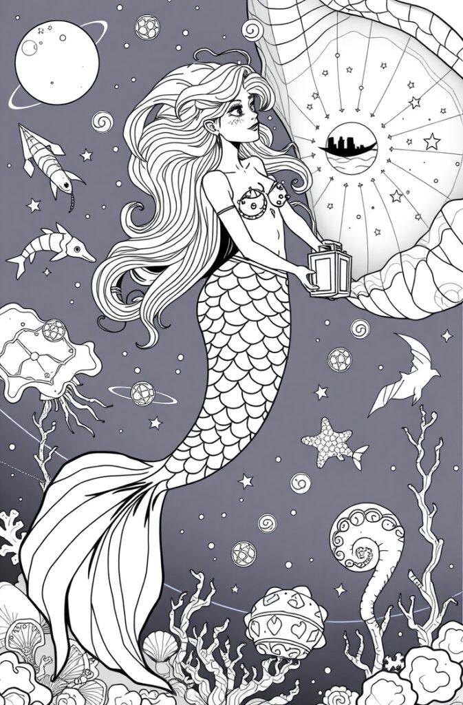 Mermaid in deep-sea cosmic scene with lantern and sea creatures.