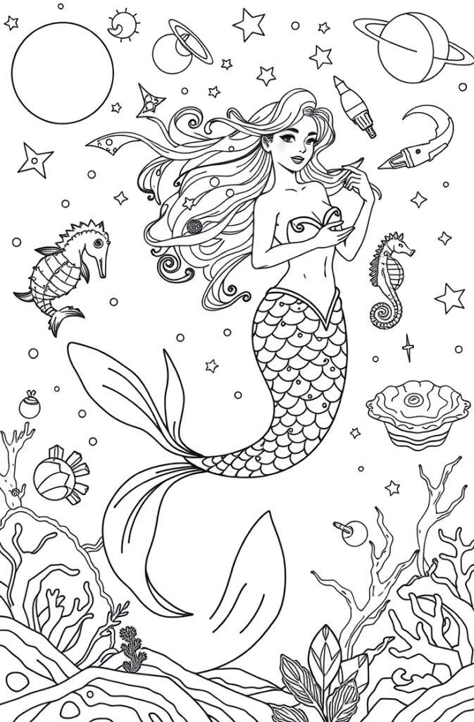 Mermaid with spiral seashell and starfish background.