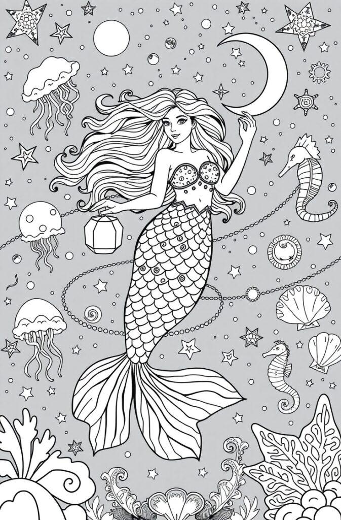 Mermaid with lantern and chain of sea ornaments in whimsical background.