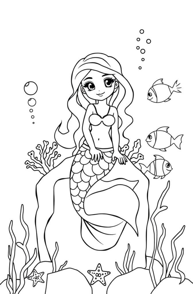 Simple cartoon style mermaid sitting on rock with fish.