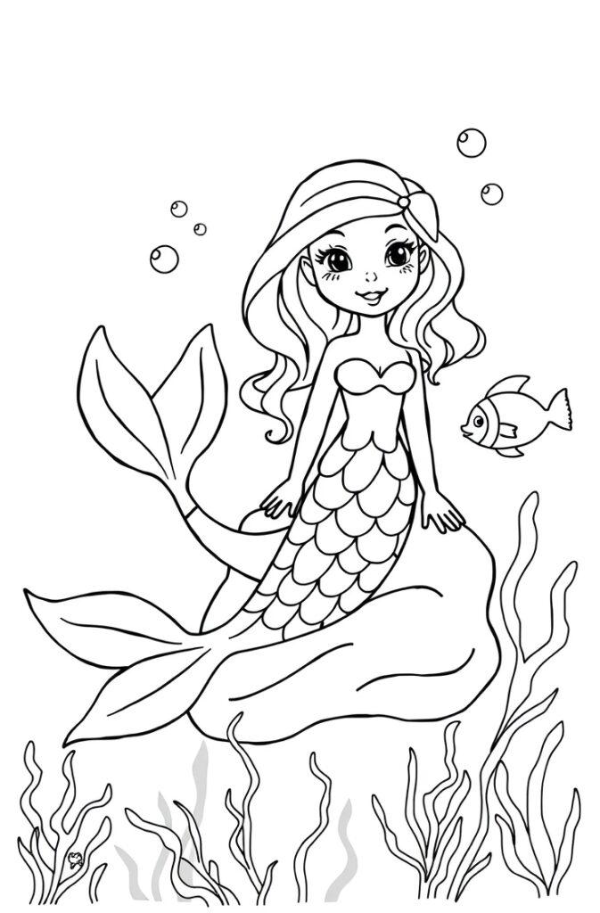 Cartoon mermaid with bow in hair, fish swimming nearby.