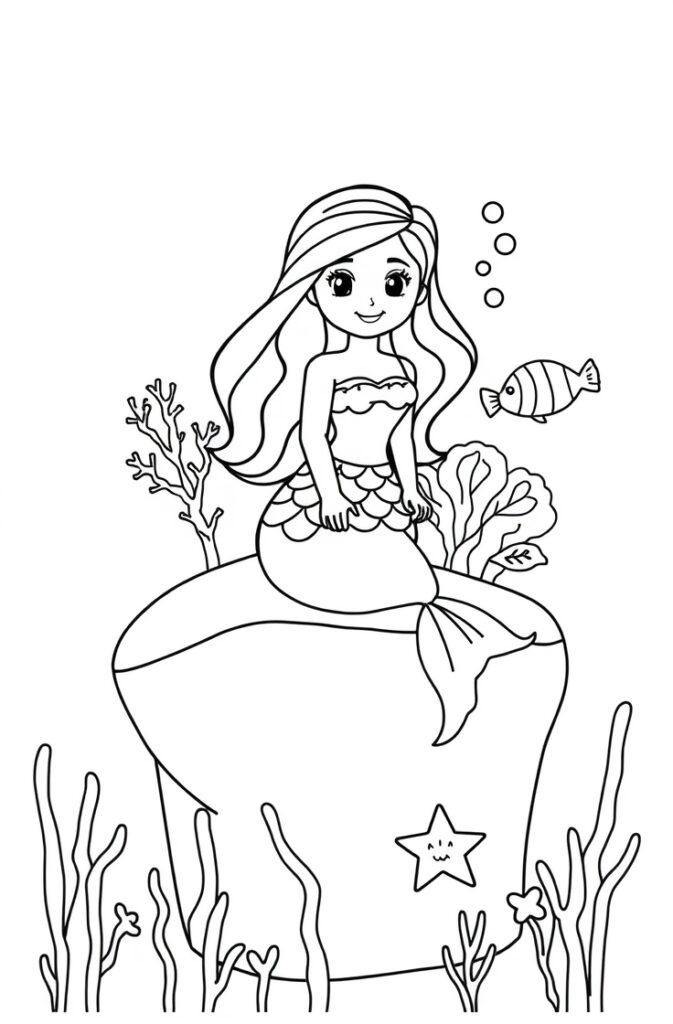 Simplistic mermaid sitting on a rock outline design.