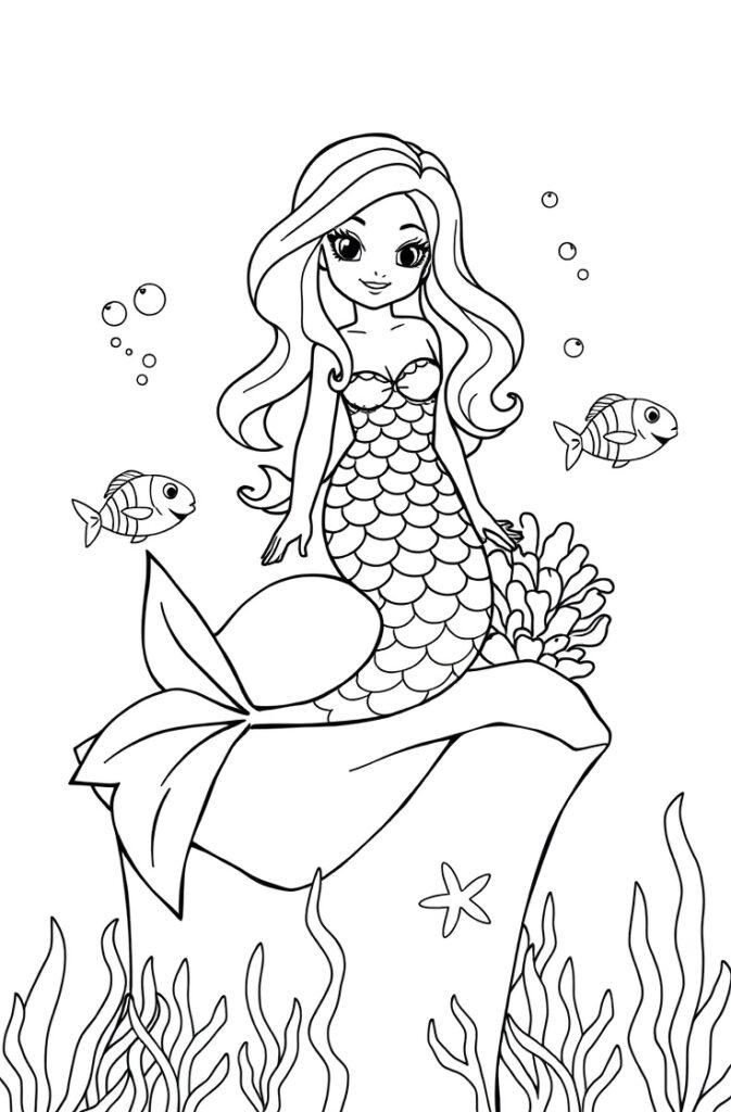 Cheerful mermaid on rock with fishes and seaweed.