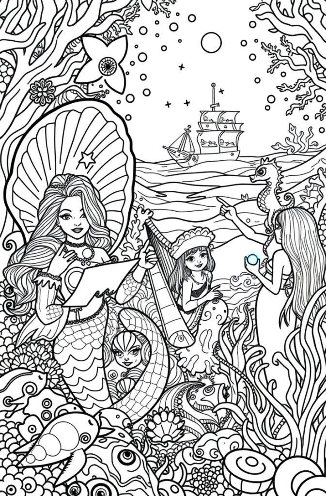 Mermaid exploring coral reefs with ship in distance, adds whimsy to Mermaid Coloring Pages.