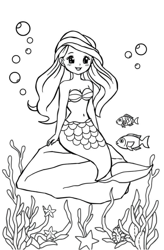 Cute mermaid sitting on a rock with bubbles and fish around undersea.