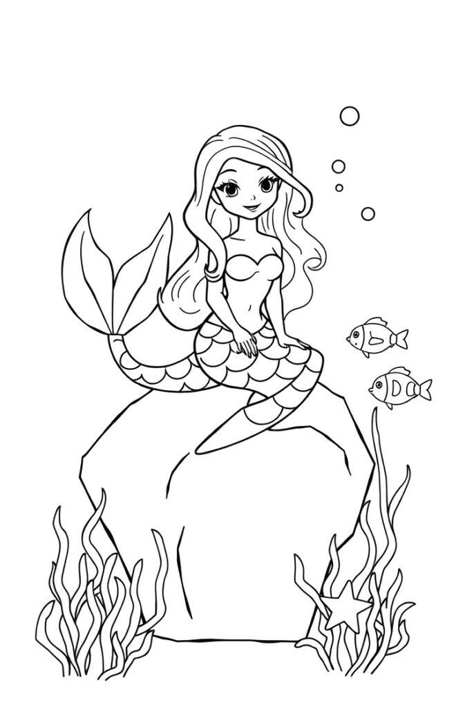Cheerful mermaid seated on a rock with two tropical fish swimming nearby.