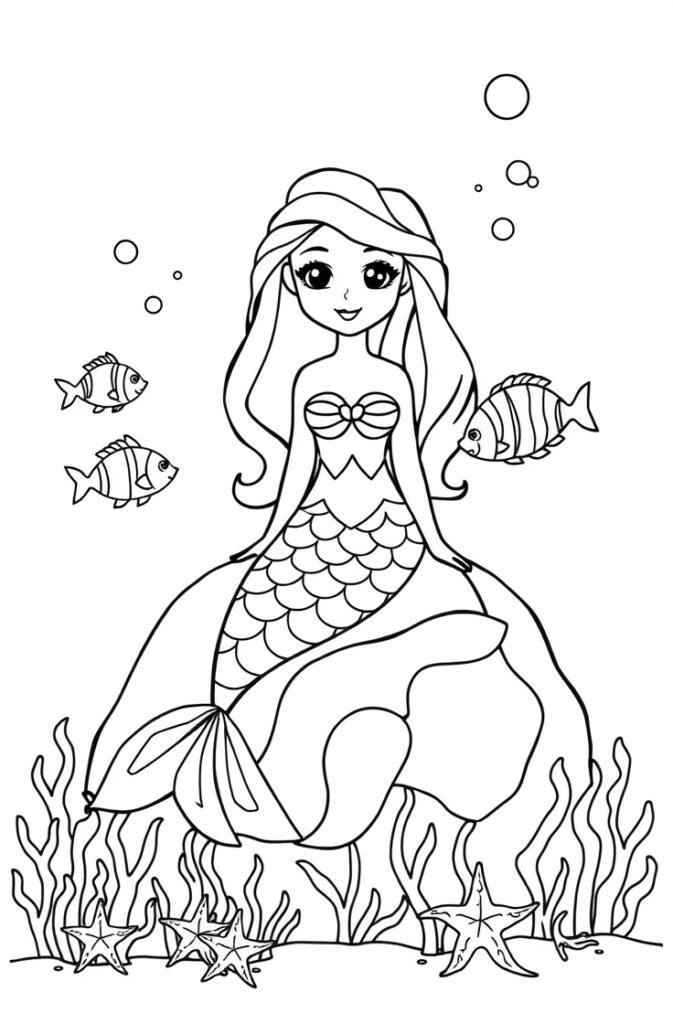 Elegant mermaid sitting on sea floor with starfish and two fish companions.