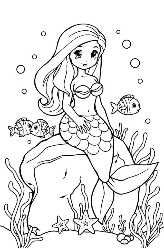 Mermaid on a rock, starfish and coral formations decorating the seabed.