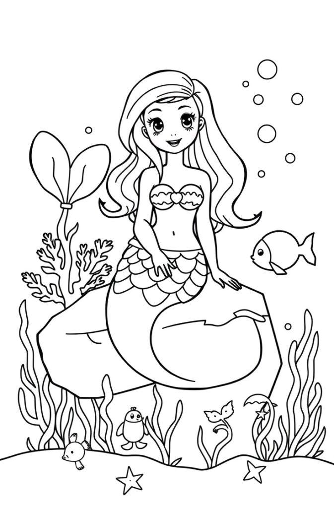 Mermaid sitting on rock with three small fish and seagrass around.