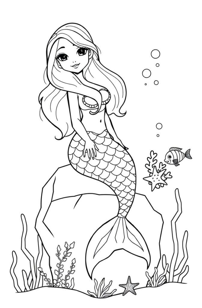 Mermaid sitting on a big stone with sea stars and seaweed beneath.