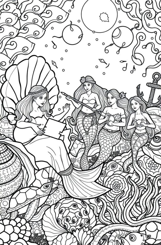 Group of mermaids chatting and drawing underwater—blends with puppy coloring pages theme.