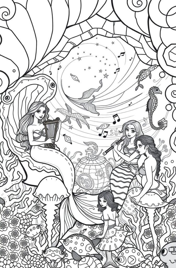 Beautiful mermaid playing harp with sea creatures surrounding her in a printable coloring page.