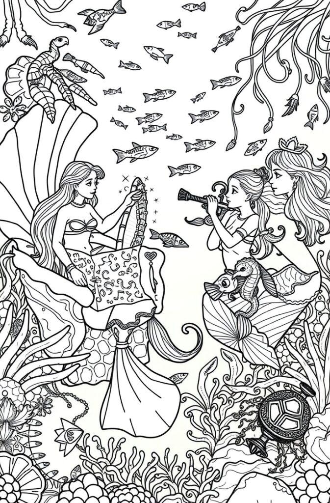 Mermaid coloring page with curious mermaid looking through a telescope in the ocean.