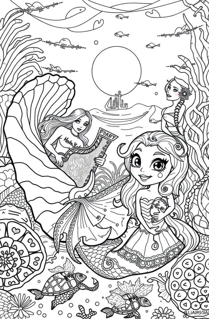 Printable coloring page of mermaid swimming with turtles and surrounded by coral.