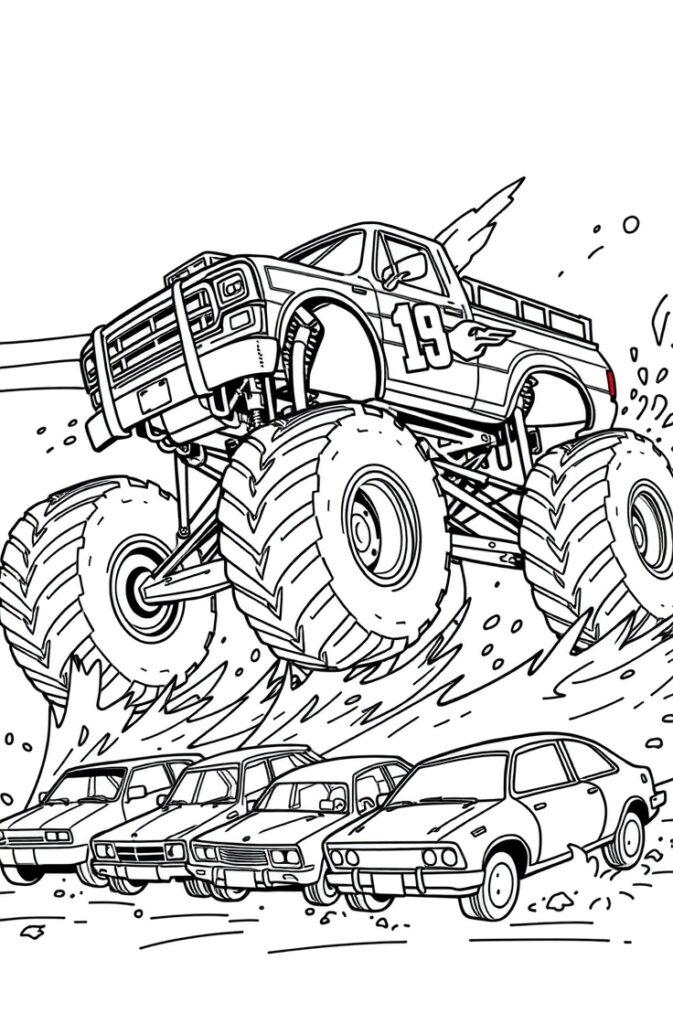 Monster truck driving over a vintage car for a coloring activity.