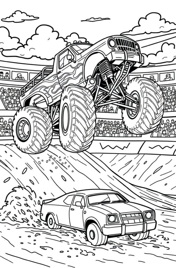 Monster truck smashing through cars in a coloring sheet.