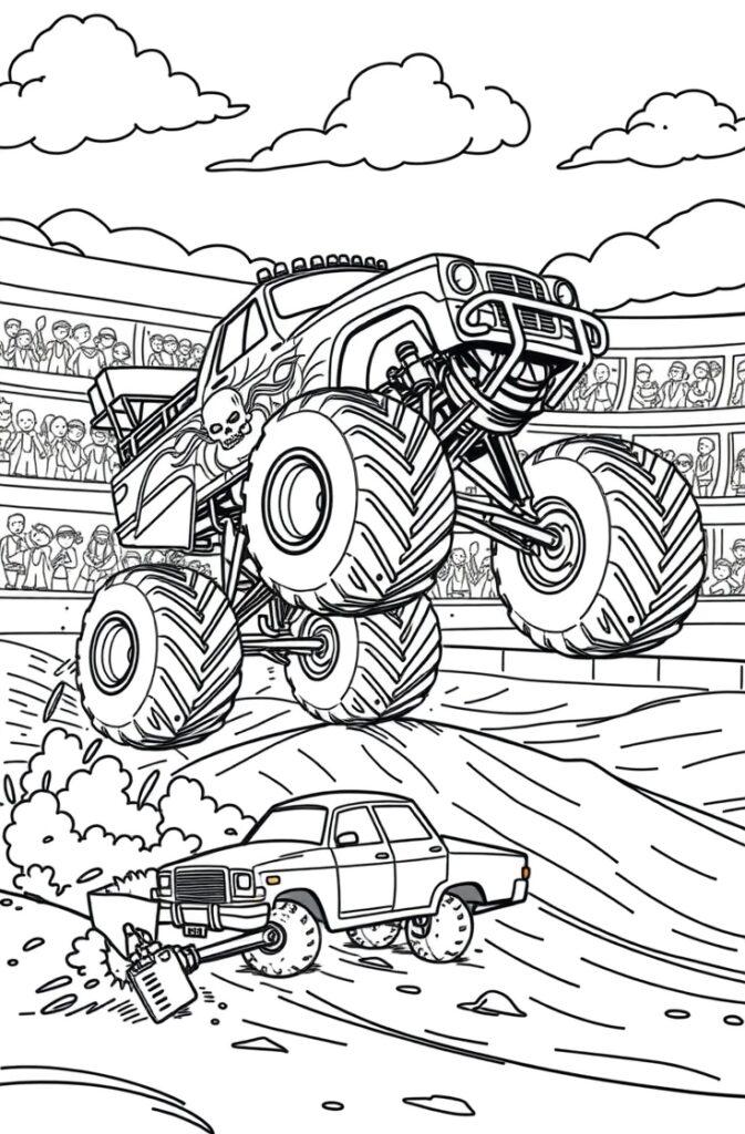 Monster truck chasing a small car in an arena – printable coloring sheet.