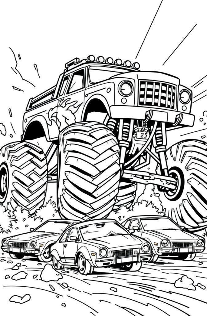 Simple monster truck coloring page with large tires and lifted body.