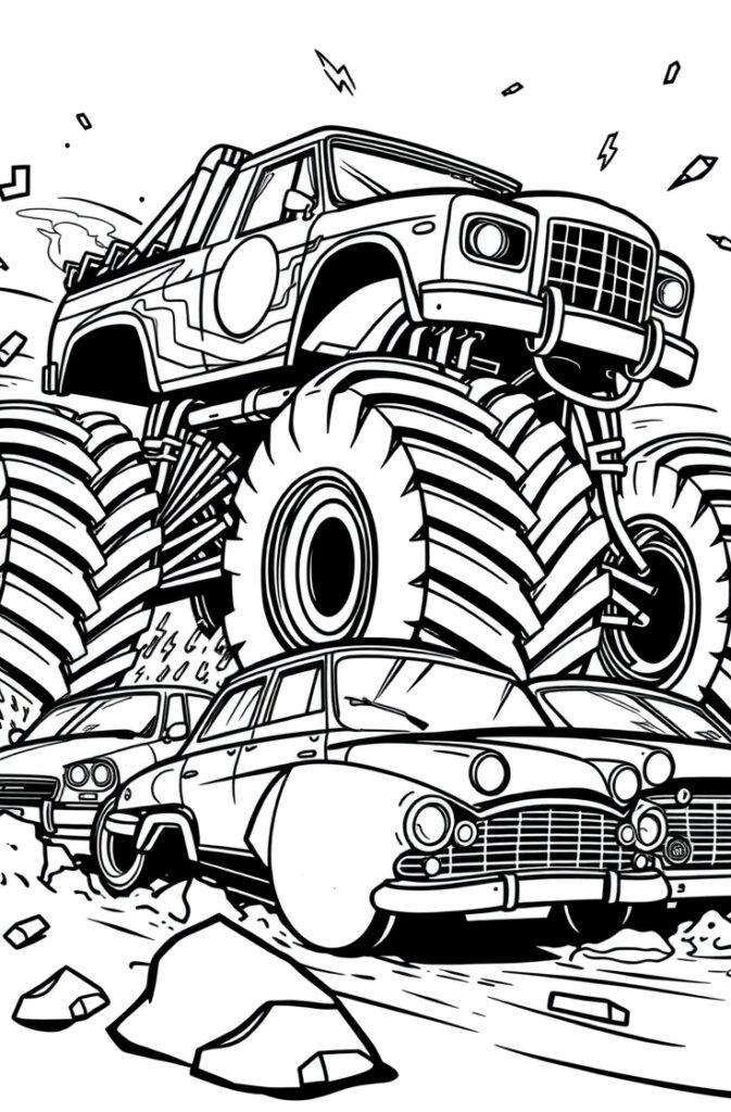 Monster truck crushing a small car in a black and white coloring page.
