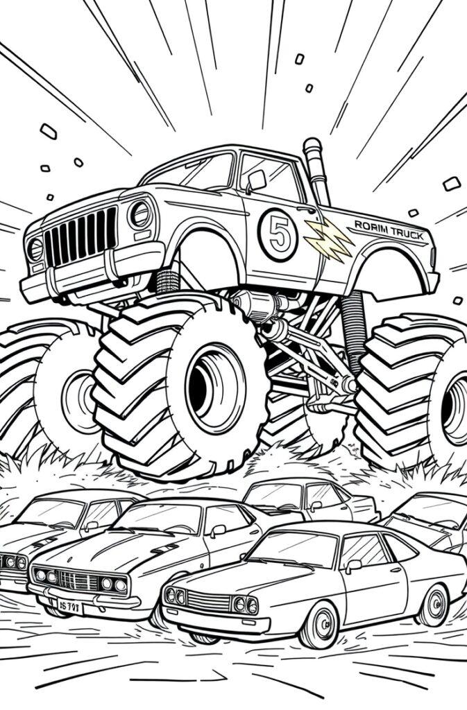 Monster truck with number 5 design crushing classic cars.