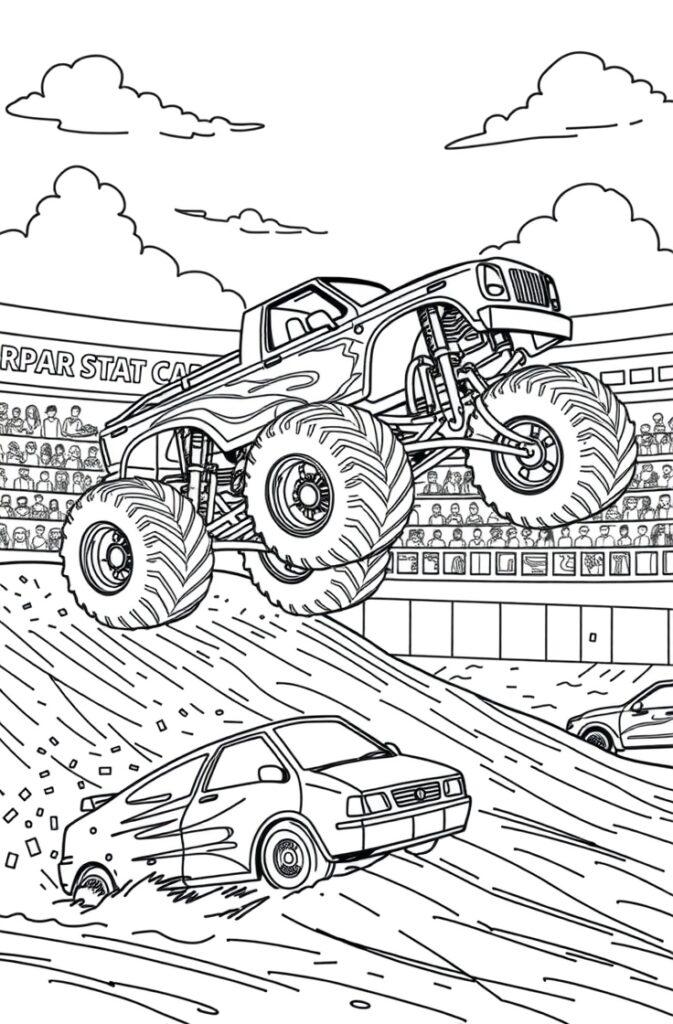 Big monster truck with lightning design driving over cars in coloring page.