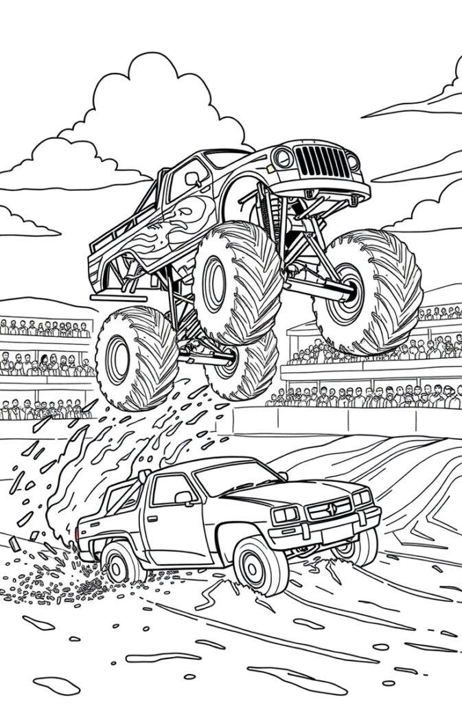Monster truck soaring above a racing car – free printable coloring page.