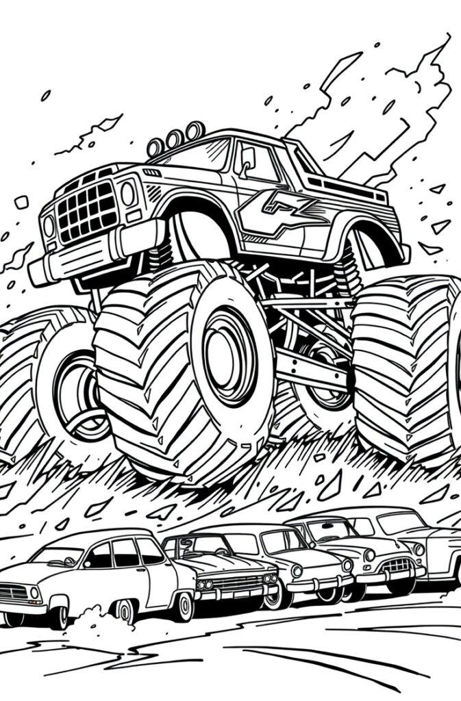 Monster truck jumping over a car in a stadium – printable coloring page.