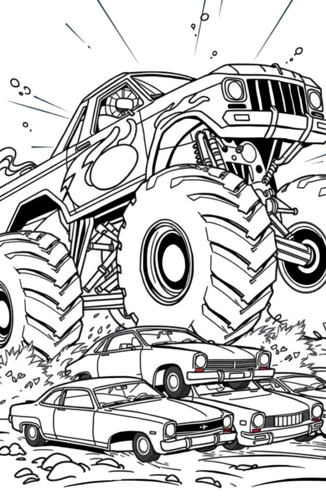 Monster truck with flames leaping over cars in a coloring page.
