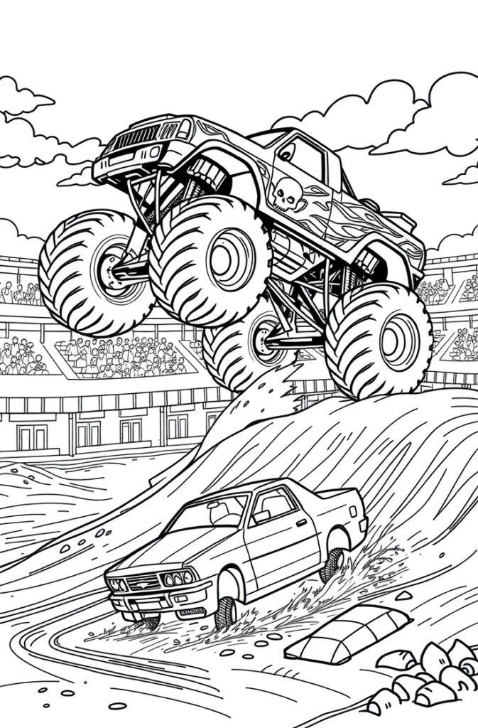 Monster truck jumping over a car in a stadium coloring page.