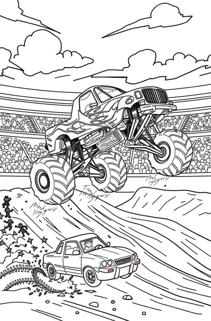 Monster truck with number 19 crushing cars in a coloring page.
