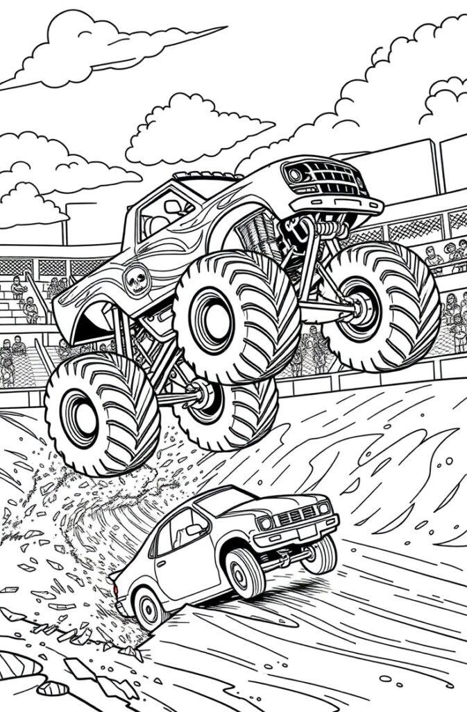 Monster truck leaping over a pickup – coloring page for kids.