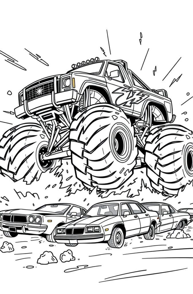 Monster truck mid-air stunt with cheering crowd – free coloring sheet