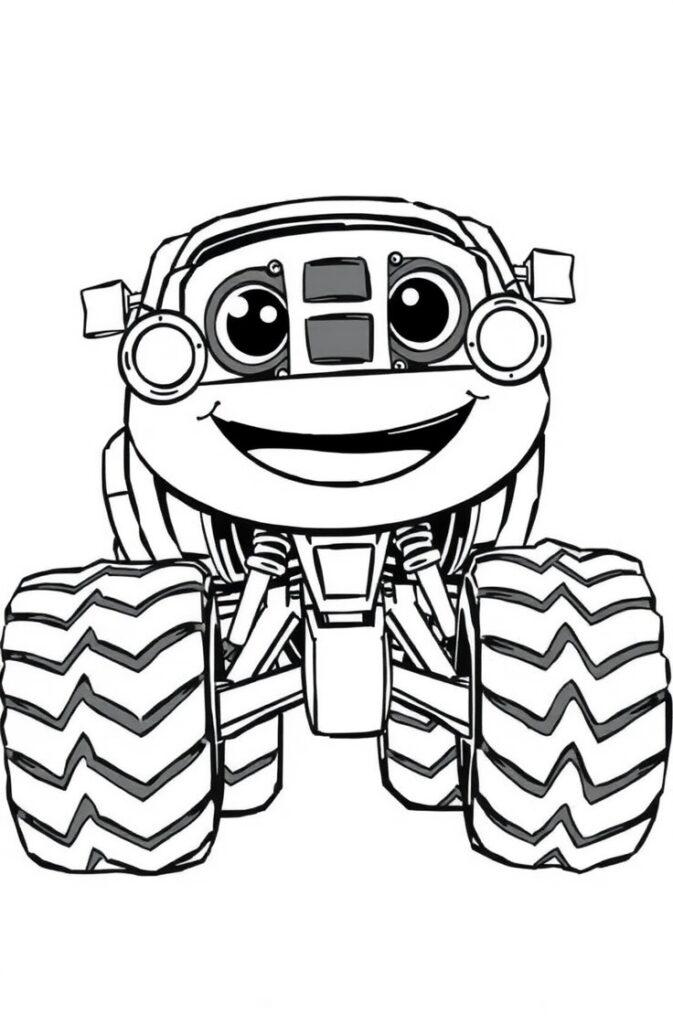 Monster truck cartoon outline coloring page with big tires