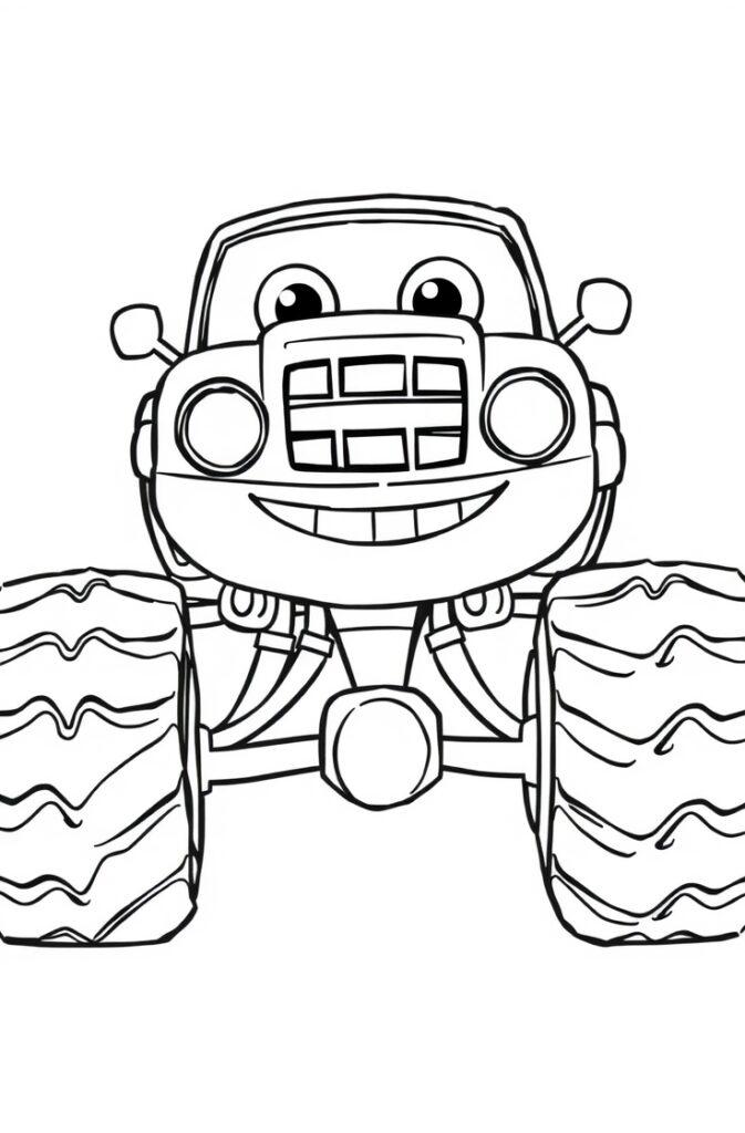 Front-view smiling monster truck coloring page for kids