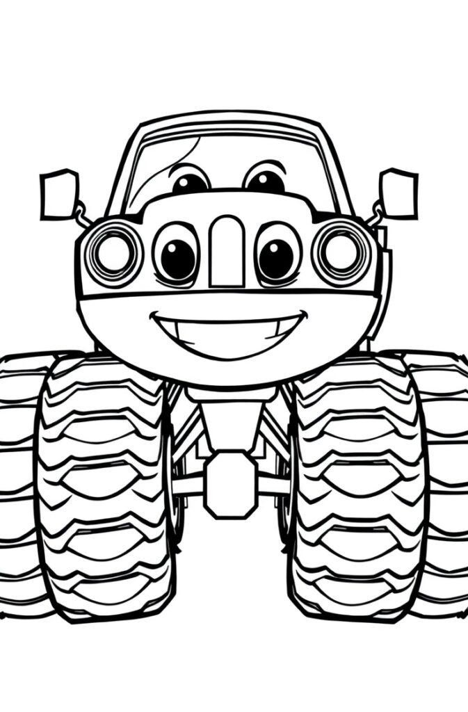 Smiling cartoon monster truck coloring page for kids