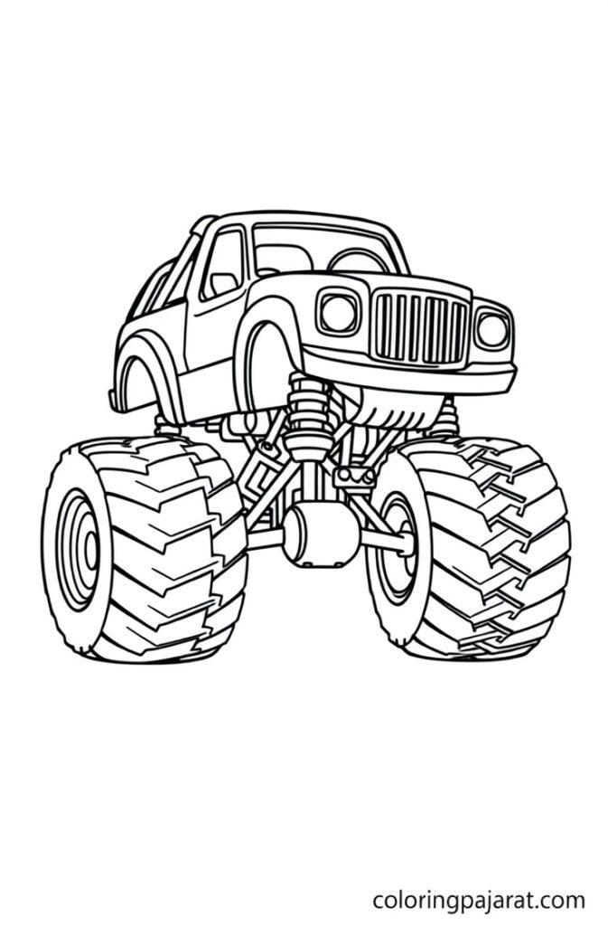 Monster truck coloring page with a lifted 4x4 and big tires.